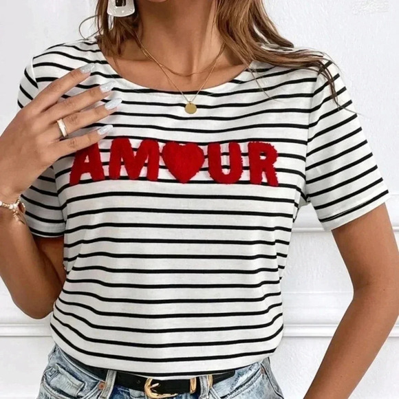 Striped & Letter Graphic Tee, Casual Style, Effortless Chic - Picture 1 of 5